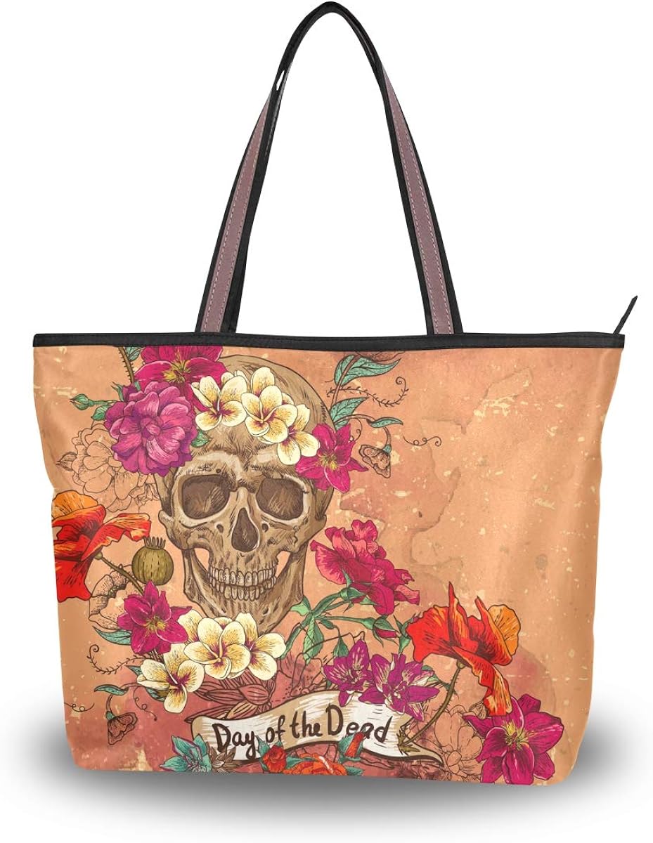 Mnsruu Women Zipper Handbag,Large Top Tote Shoulder Bag Casual Shopping Bag,M (Skull And Flowers Day Of The Dead)