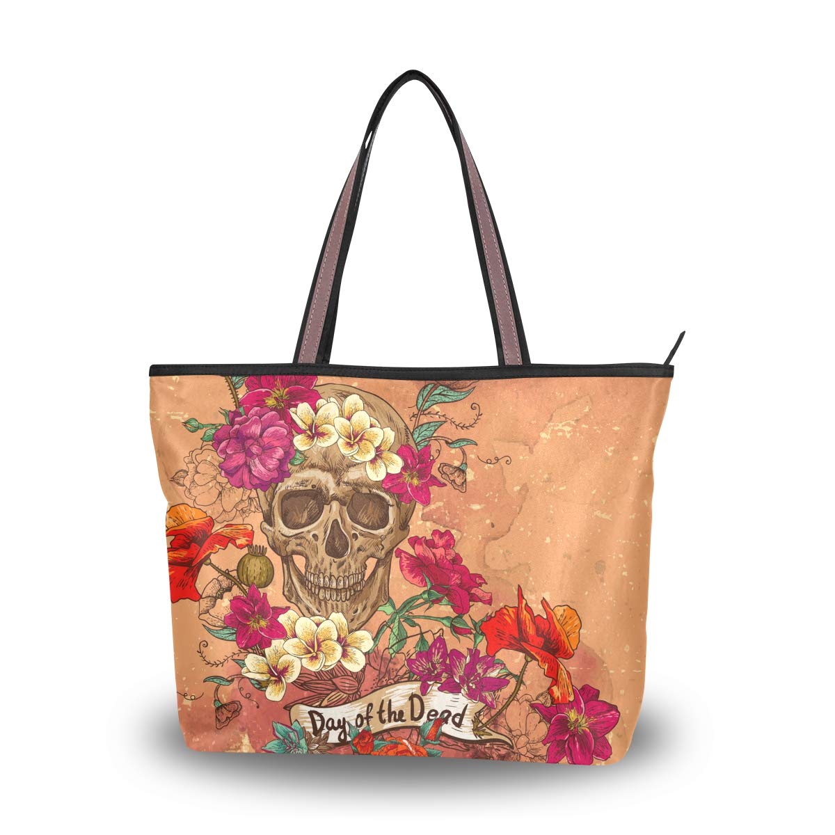 Mnsruu Women Zipper Handbag,Large Top Tote Shoulder Bag Casual Shopping Bag,M (Skull And Flowers Day Of The Dead)