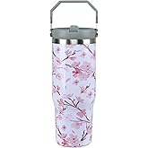 Heqianco 30oz Cherry Blossom Tumbler with Handle Cherry Blossom Cup Insulated Tumblers with Flip Straw and Top Handle Stainless Steel 30oz Coffee Mug