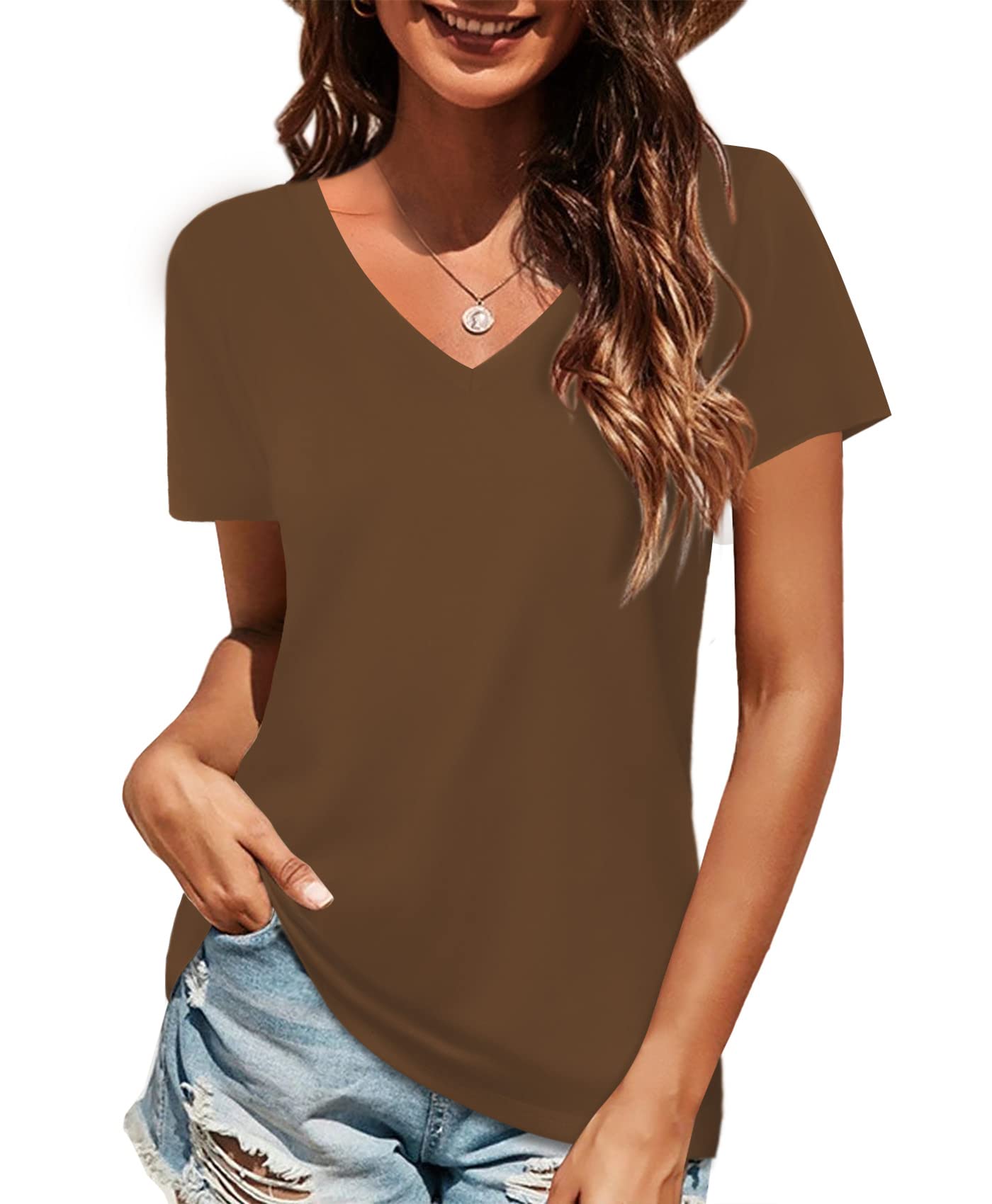 Elesomo Womens Tshirts V Neck Short Sleeve Cotton