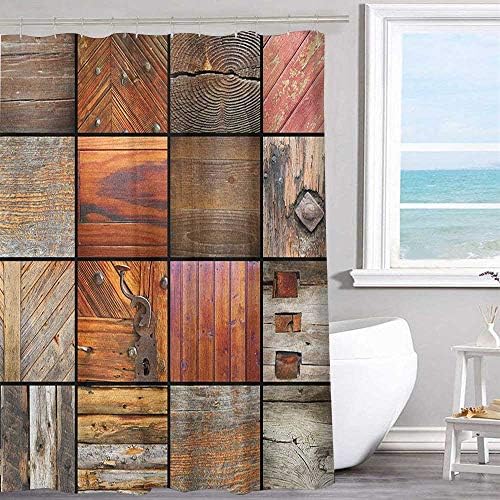 MKOK Waterproof Polyester Shower Curtain 60"x72"inchAntique,Collection of Different Wooden Architecture Elements Timber Door Key Print Chocolate Brown Hand Drawing Effect Fabric Shower Curtains
