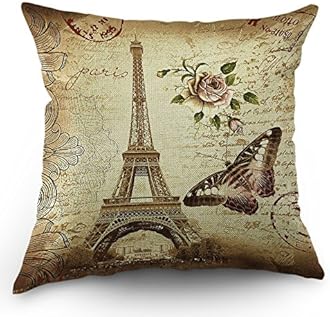 Paris Eiffel Tower Pillows Decorative Throw Pillow Cover Vintage Rose Flower with Butterfly Pillow Case 18 x 18 Inch Cotton Linen Cushion Cover for Sofa Bed Brown