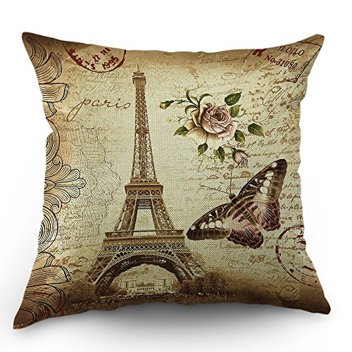 Paris Eiffel Tower Pillows Decorative Throw Pillow Cover Vintage Rose Flower with Butterfly Pillow Case 18 x 18 Inch Cotton Linen Cushion Cover for Sofa Bed Brown