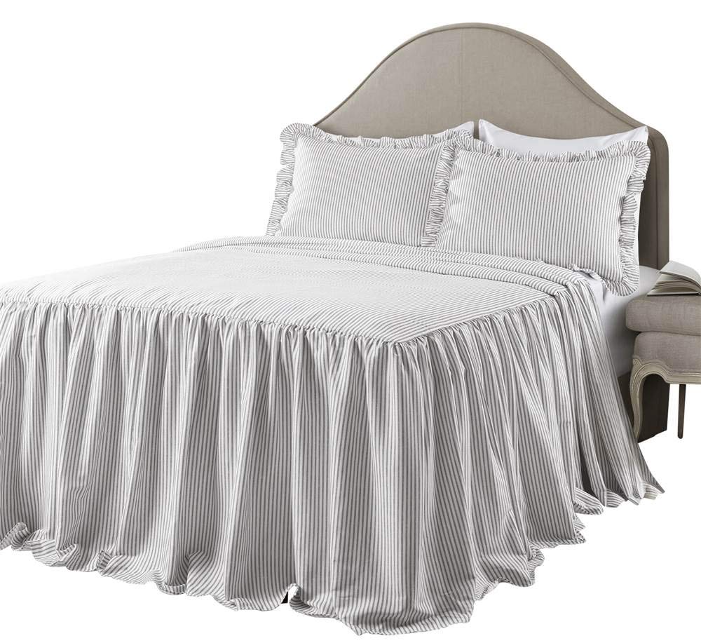 Lush Decor Ticking Stripe Bedspread Queen Size 3 Piece Set Gray – Ruffle Bedding Set Queen Bedspreads – Striped Bedding – Farmhouse & Coquette Decor