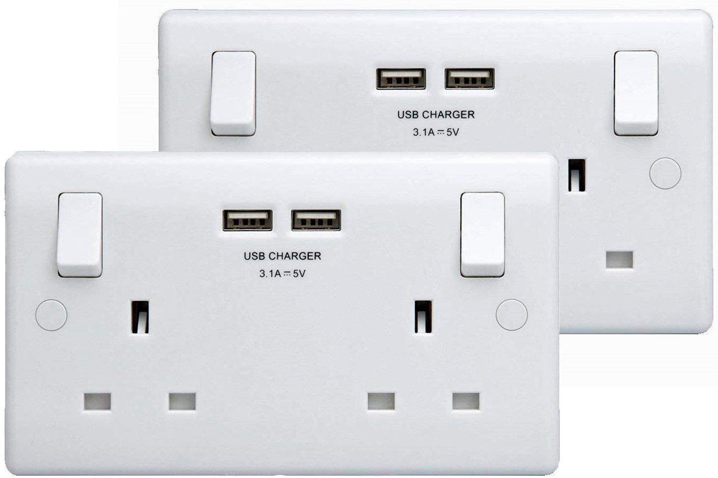 BG Electrical 822U3 Double Socket with 2 X 3.1Amp USB Sockets-30 Year Warranty-2 Pack, White, 4 x 18 x 9.6 cm