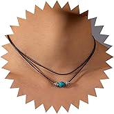 Andelaisi Boho Layered Turquoise Beaded Necklace Vintage Turquoise Wax Rope Necklace Bead Black Waterproof Rope necklace Adjustable Turquoise Chain Necklace Jewelry for Women
