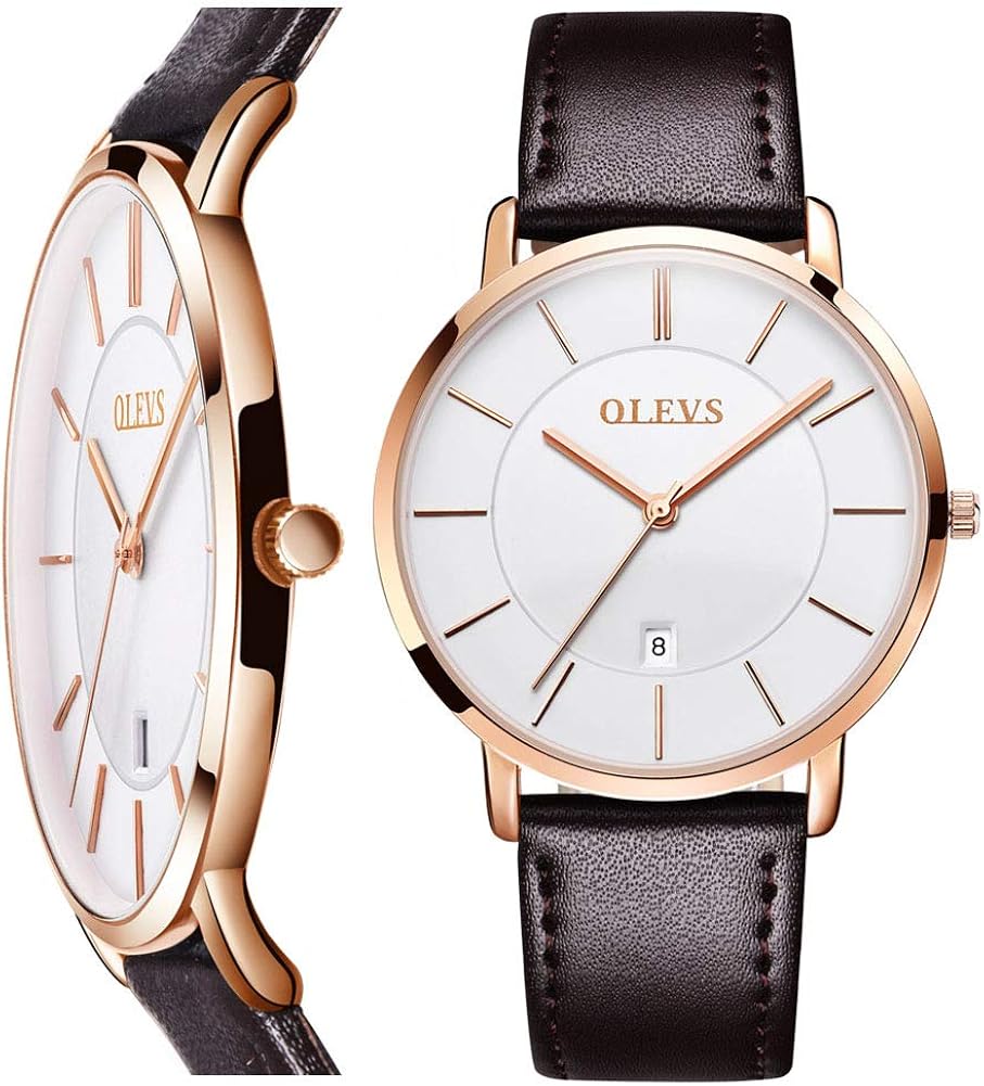 OLEVS Mens Wrist Watches Ultra Thin 6.5mm Minimalist Brown Leather White Dial Watch Business