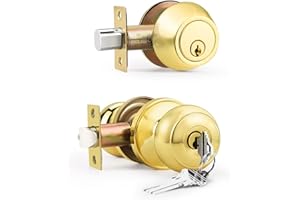 Brotima 1 Pack Keyed Alike Front Door Knob and Deadbolt Set, Entry Door Locksets with Single Cylinder Deadbolt, Polished Brass Flat Round Door Lock Set for Bedroom/Office/Exterior Doors