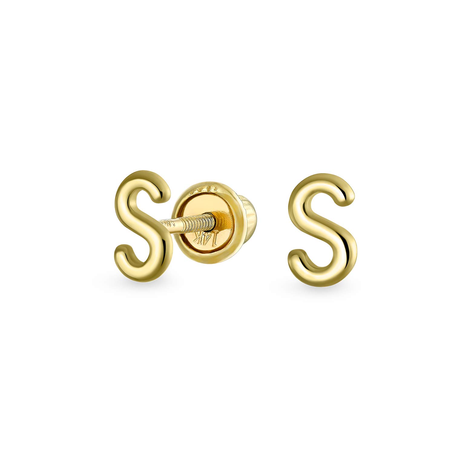 ABC Minimalist Real Yellow 14K Gold Capital Block Alphabet Letter Initial S Stud Earrings Safety Ball Screw Back For Teen For Women