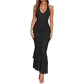 YFANG Women's Sexy Ruffle Hem Halter Deep V Neck Ruched Sleeveless Mesh Bodycon Cocktail Party Maxi Dress