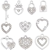 SUNNYCLUE 1 Box 40Pcs 10 Styles Rhinestone Heart Charms Silver Heart Alloy Charms Bulk Metal Valentines Love Lock Key Shaped Crystal Pendants for Jewelry Making Bracelet DIY Crafts Mothers Fathers