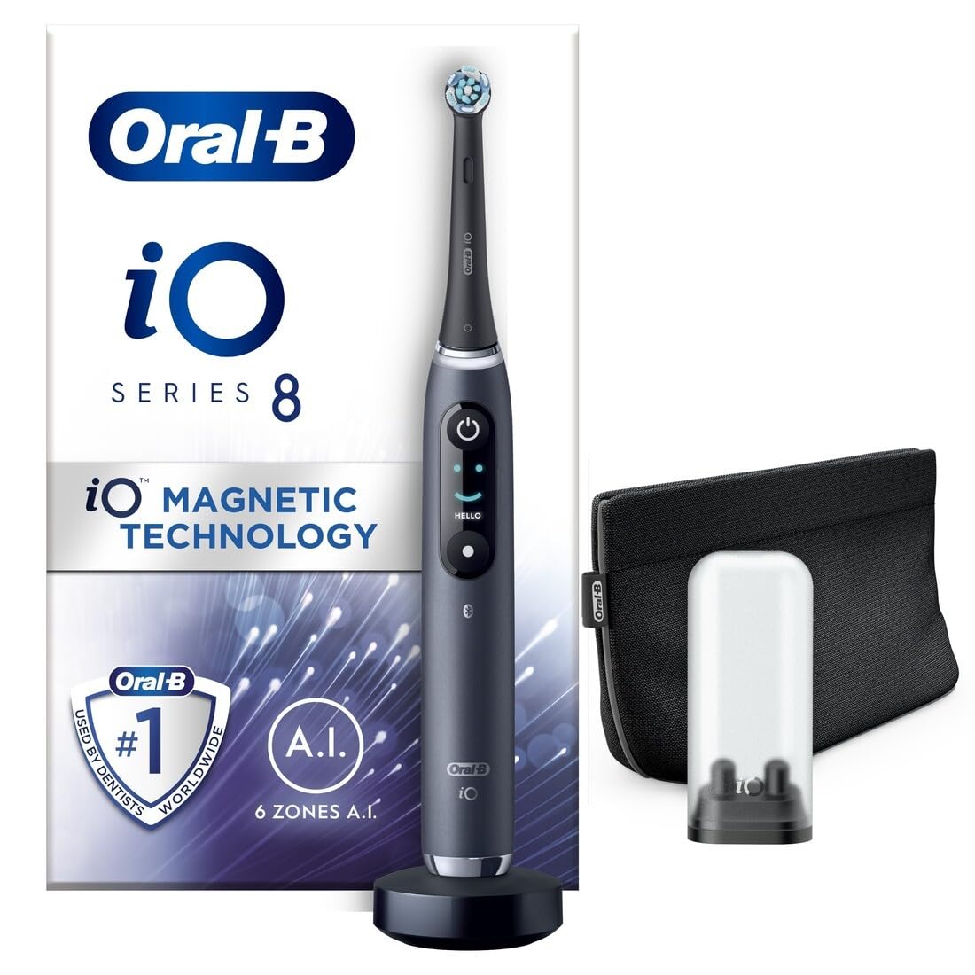 Oral-B iO8 Electric Toothbrush Adults, Oral B Electric Toothbrush, App Connected Handle, 1 Ultimate Clean Toothbrush Head & Magnetic Pouch, 6 Modes, Teeth Whitening, Black