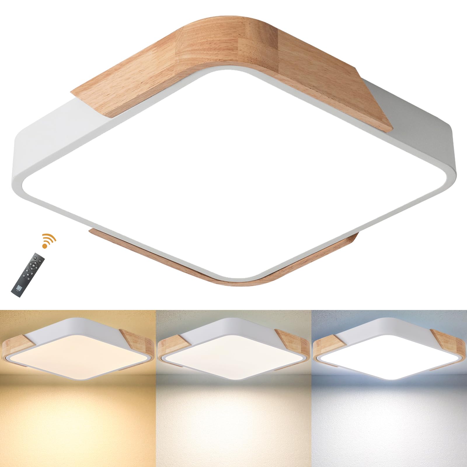 LuFun Ceiling Lights Dimmable 24W, Flush Ceiling Light Indoor Wooden Square Modern Led Ceiling Lights 30cm*30cm for Living Room Bedroom Kitchen Lounge Hallway Home Office(White) — image 1