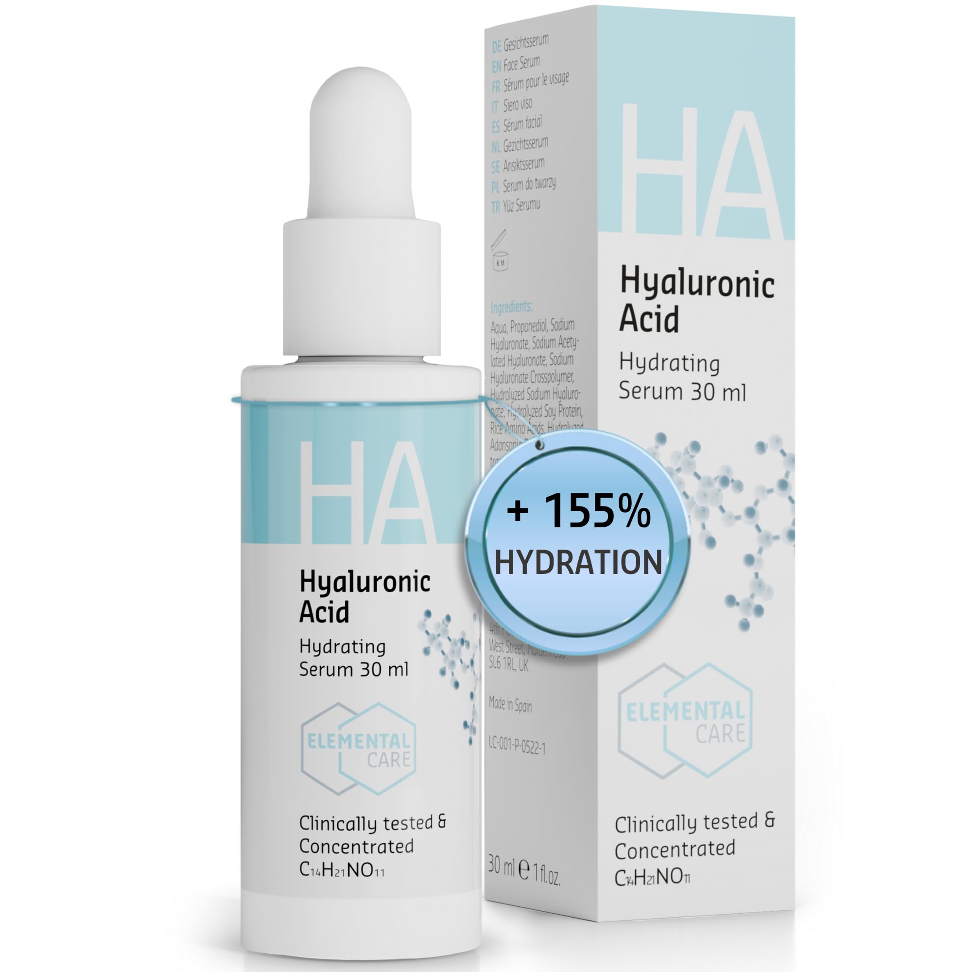 Elemental Care Hyaluronic Acid Serum 30ml for Face – Hydrating Anti-Wrinkle Face Serum – Moisturiser for Smooth, Rejuvenated Skin – Suitable for Day and Night Use