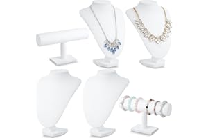 Huquary 6 Pcs Jewelry Display Set Necklace Display Stand T Bar Bracelet Holder Jewelry Bust for Home Store Trade Show(White)