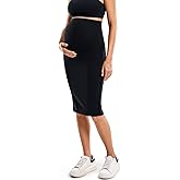 MOMANDA Women' s Maternity Skirt High Waist Midi Pencil Skirt with Slit Stretchy Pregnancy Casual