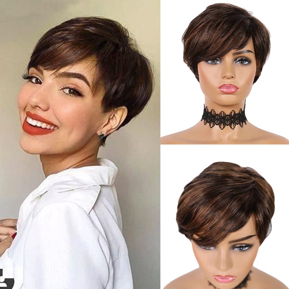 Short Human Hair Wigs for Black Women Pixie Cut Wig Brazilian Hair Short Pixie Wig with Bangs Mixed Brown Wigs Ladies Cosplay Party Use 6 Inch (FS1B30)