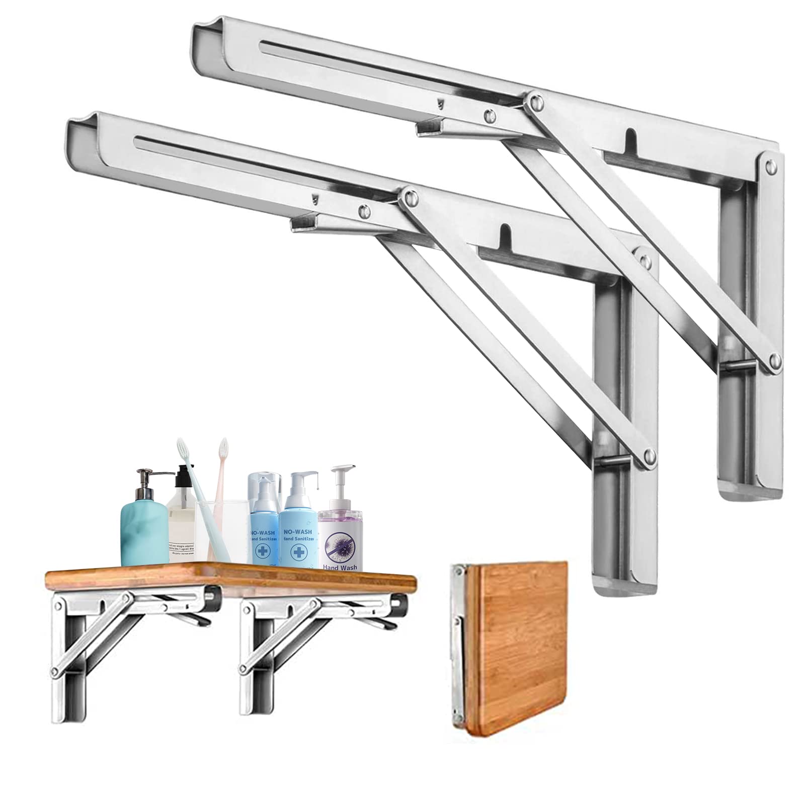 LYCXAMES Folding Console Heavy Duty 500 mm, Pack of 2 Stainless Steel Wall Mount Table Folding Shelf Brackets Bookshelf Shelf Clips Folding Support for Benches and Shelves Space-Saving DIY Bracket
