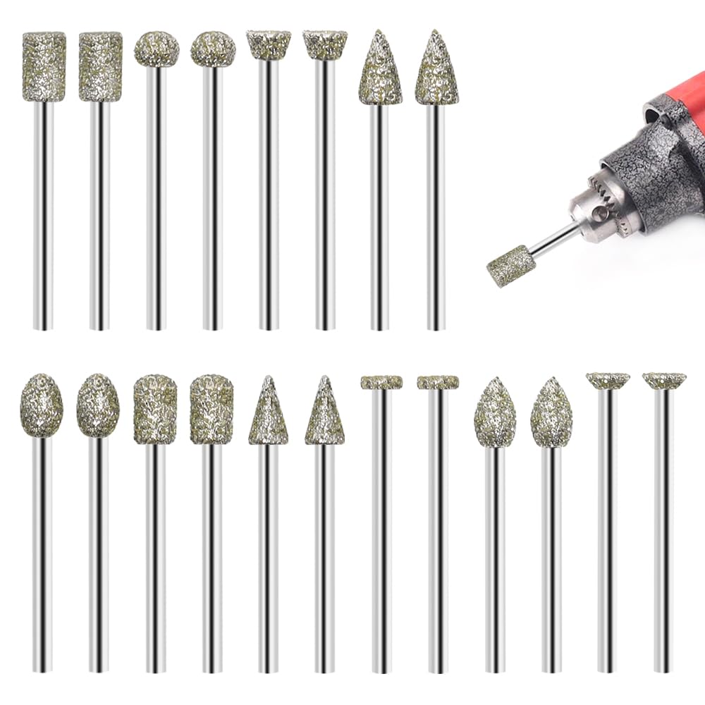 Aoyswuz 20 Pcs Diamond Grinding Burr Bit Set 1/8 Inch Shank Diamond Burr Bits, Rotary Tool Accessories Stone Carving Set for Grinding, Polishing, Engraving, Sanding