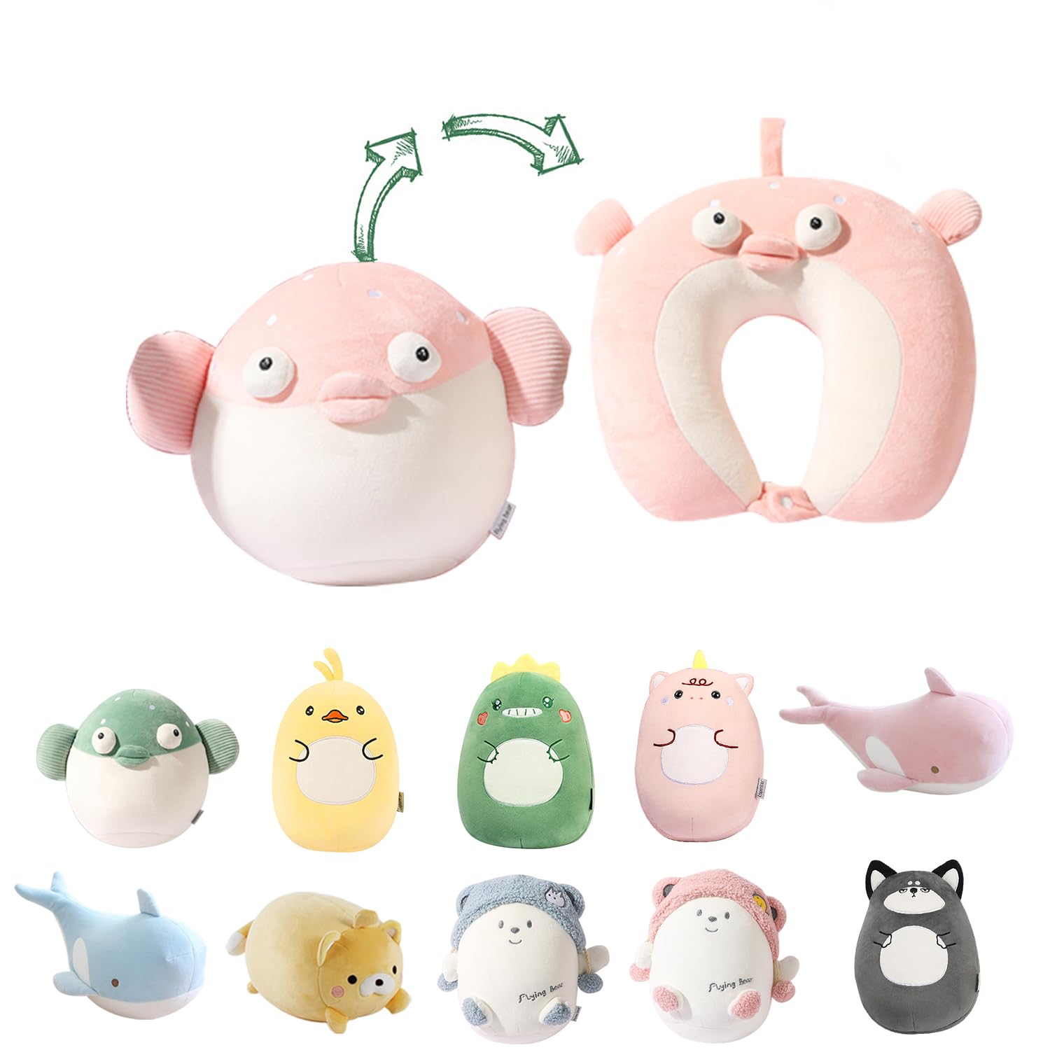 JOYRAVO 2-in-1 Travel Pillow for Kids - Soft and Adorable Animals Plushie That Converts into a U-Shaped Neck Pillow for Ultimate Comfort During Airplane, Car, Train, Bus Trip - Pink Fish