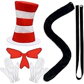 Luzcexs 5 Pcs Cat Costume Accessory Set with Red White Striped Hat/Red Bow Tie/31inch Black Tail and White Gloves for Cosplay