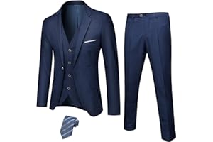 Hihawk Men's 3 Piece Suit with Stretch Fabric, Solid Slim Fit One Button Suit Blazer Set, Jacket Vest Pants with Tie.