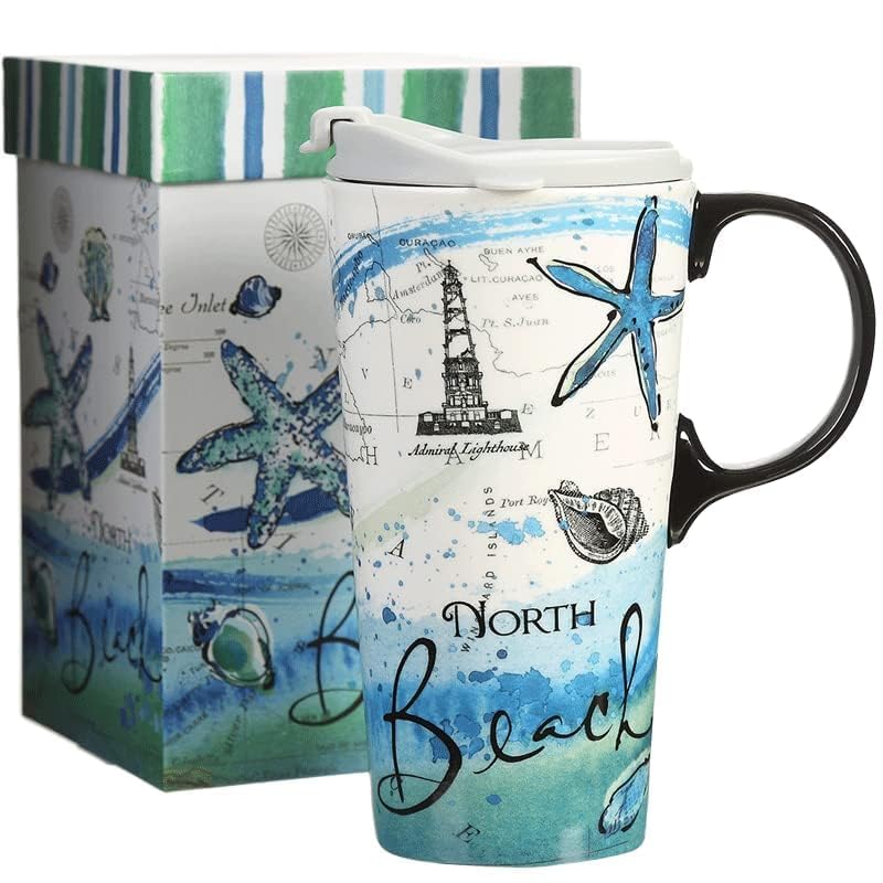 Topadorn Ceramic Coffee Mug Porcelain Coffee Cup with Lid and Color Box Travel Mug, 17oz. Starfish