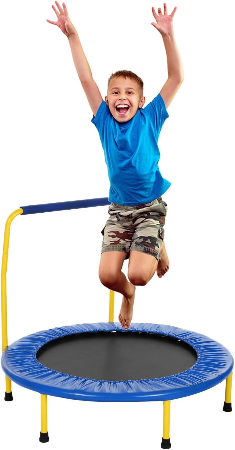 Tomasa 36" Mini Kids Trampoline Foldable Rebounder Fitness Indoor or Outdoor Trampoline with Balance Handrail [UK STOCK]