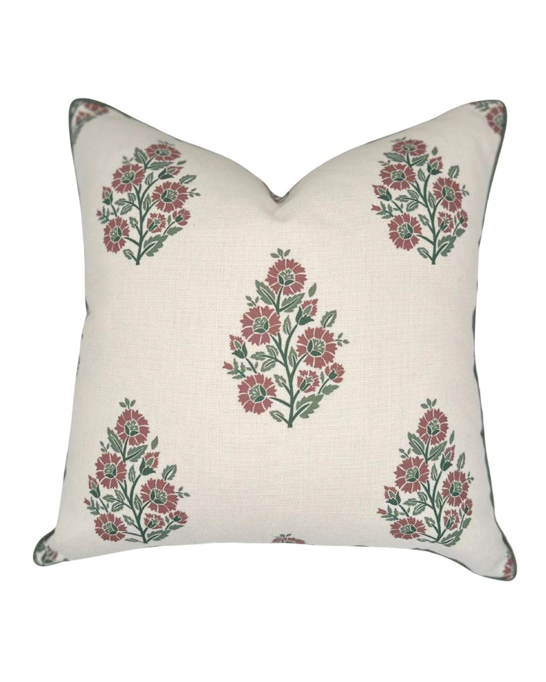 Photo 1 of Jillien Harbor “The Sutton” Burgundy & Deep Green Floral Block Print Pillow Cover – Off-White Decorative Throw Pillow Cover – Grandmillennial Home Decor, 20" x 20"