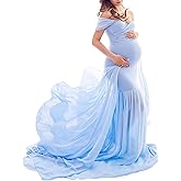 ZIUMUDY Maternity Chiffon Mermaid Gown Off Shoulder Dropped Sleeve Fitted Photo Shoot Photography Dress