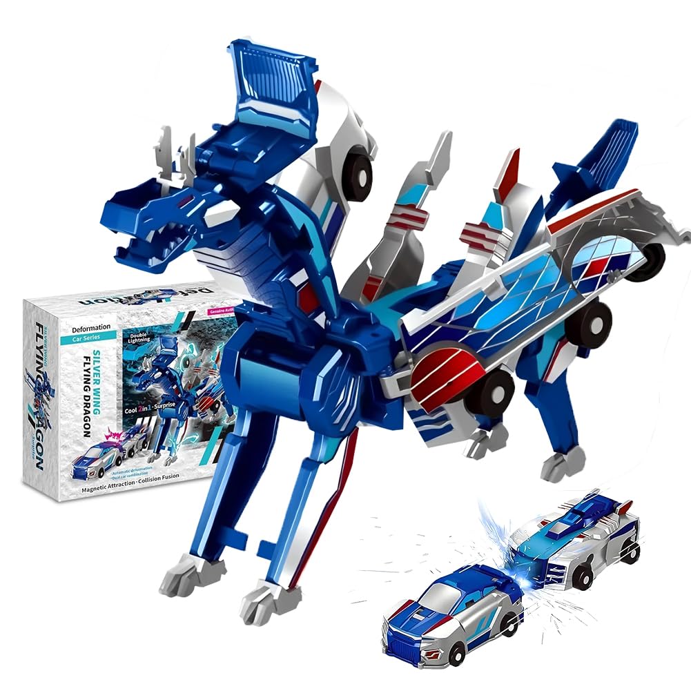 YUPDFGB Dinosaur Collision Transforming Car, 2 In 1 Collision Deformation Cars, Automatic Deformation of Connections, Vehicle Gift for Boys Kids Blue
