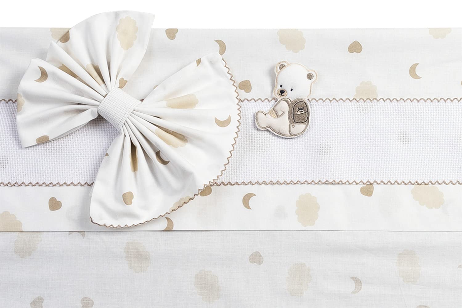 FILET - Set for Pram 3 Pieces in Taupe Pattern, Composed of 1 Fitted Sheet with Corners, 1 Top Sheet with Headband in Aida Fabric to Embroider and 1 Pillowcase, 100% Cotton, Made in Italy