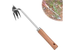 Amposei Stainless Steel Multifunctional Weeder, Hand Weeder Tool Stand Up Weed Puller Tool with Long Handle, V-Shaped Light Duty Hand Weeder for Lawn Garden Yard Farmland Weed Removal (Wood Handle)