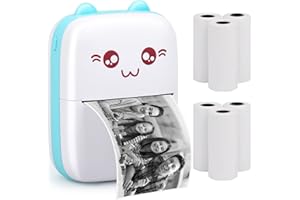 ESCHEN Portable Printer, Mini Pocket Wireless Bluetooth Thermal Printers with 6 Rolls Printing Paper for Android iOS Smartphone, BT Inkless Printing Gift for Label Receipt Photo Notes Study Home Office, Blue