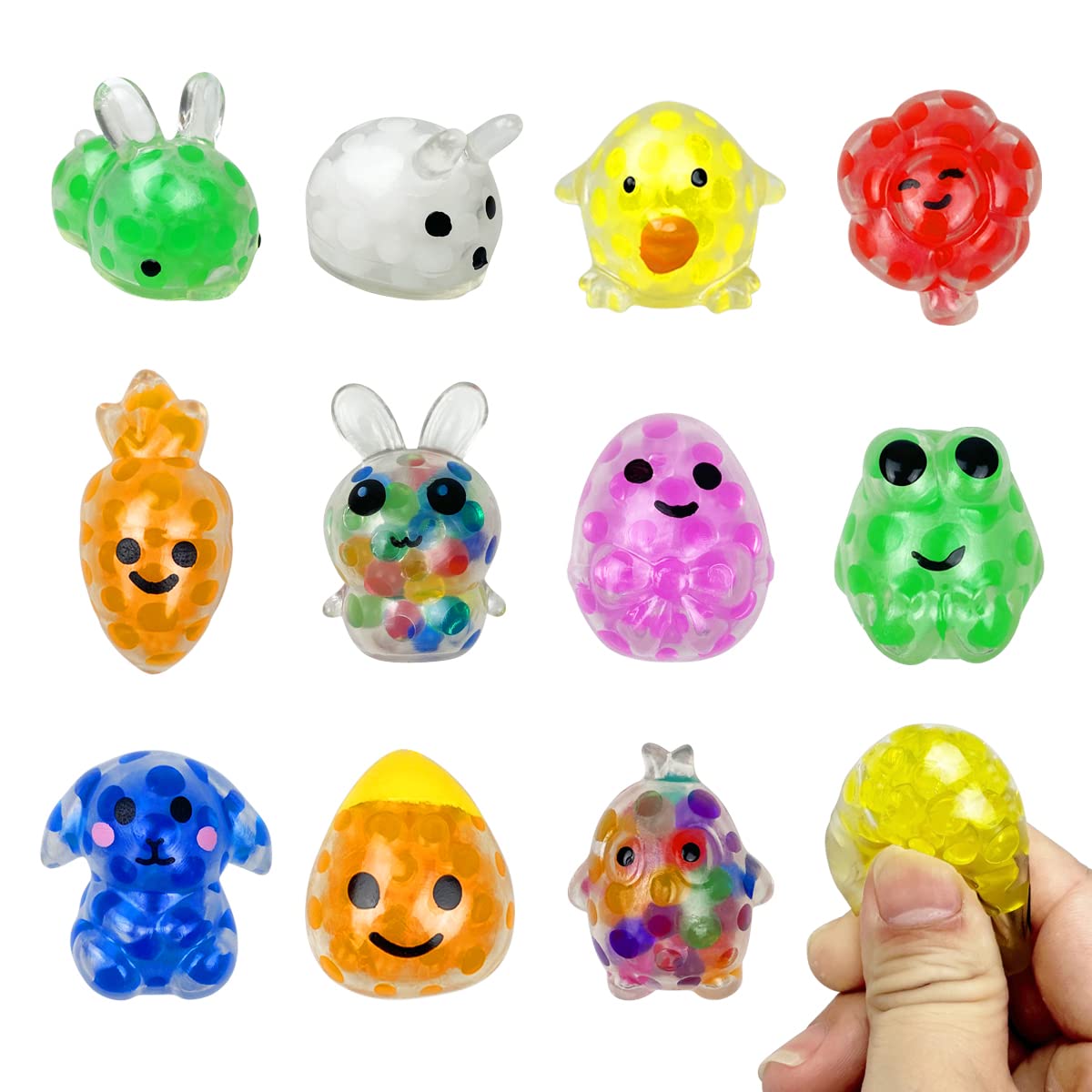 QINGQIU 12 PCS Easter Mini Stress Balls Squishies Stress Relief Toys for Easter Basket Stuffers Egg Fillers Gifts Party Favors