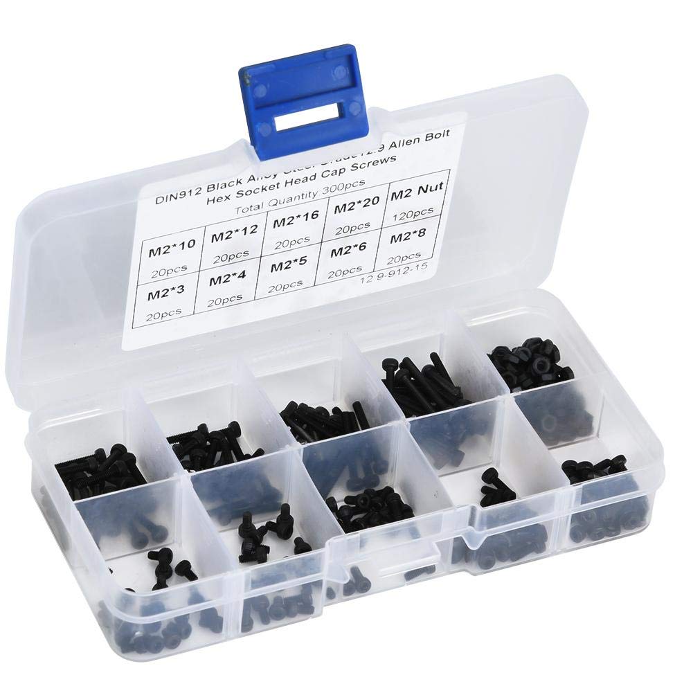 M2 Bolt and Nut Kit, 300pcs Alloy Steel M2 x 3/4/5/6/8/10/12/16/20mm Hex Socket Screw and Nut Kit with Storage Box - Image 3