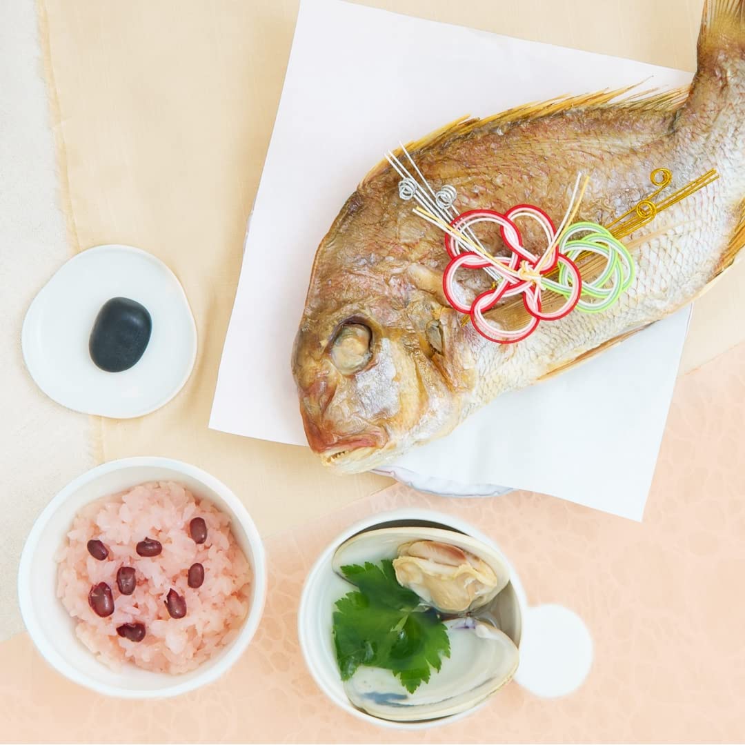 花むすび・えん お食い初めセット まなつづみ 鯛 (国産天然真鯛) 赤飯 蛤のお吸い物 歯固めの石 冷凍 ミニマムセット (agney食器セットなし)商品画像