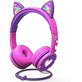 FosPower Kids Headphones with LED Cat Ears (85dB Safe Volume Limit), 3.5mm Soft On-Ear Wired Headphones with Tangle-Free Laced Cables for iPad/Tablet/School/Travel - Hot Pink/Purple