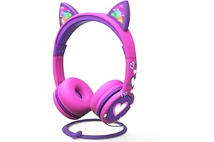 FosPower Kids Headphones with LED Light Up Cat Ears 3.5mm On Ear Audio Headphones for Kids with Laced Tangle Free Cable (Max 