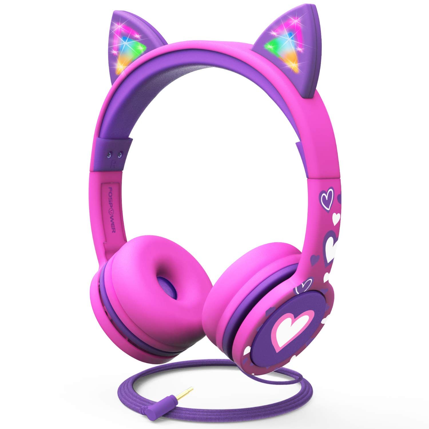 FosPower Kids Headphones with LED Cat Ears (85dB Safe Volume Limit), 3.5mm Soft On-Ear Wired Headphones with Tangle-Free Laced Cables for iPad/Tablet/School/Travel - Hot Pink/Purple
