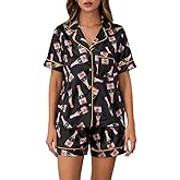 Juakoso Women Champagne Bottle Pajamas Sets Wine Can Print Pjs Sets Silk Satin 2 Piece Sets Short Sleeve Shirts Shorts Sets