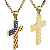 Ironkoi Cross Necklace for Men, 18+2 Inch Stainless Steel American Flag Pendant Chain with Bible Verse, Christian Jewelry Gift for Men, Baptism & Faith Gifts