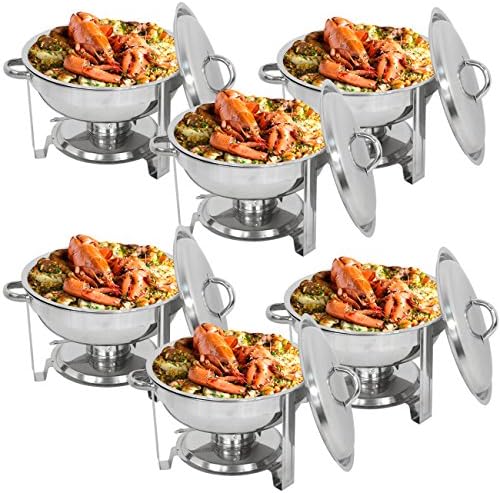 ZenChef Deluxe 5 Qt Stainless Steel Round Chafer, Full Size Chafer, Chafing Dish w/ Water Pan, Food Pan, Lid, Frame And Alcohol Furnace (Pack of 6)