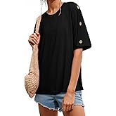 Dokotoo Women's Short Sleeve Crew Neck Tops Button Casual Summer Oversized T Shirts Soft Blouses