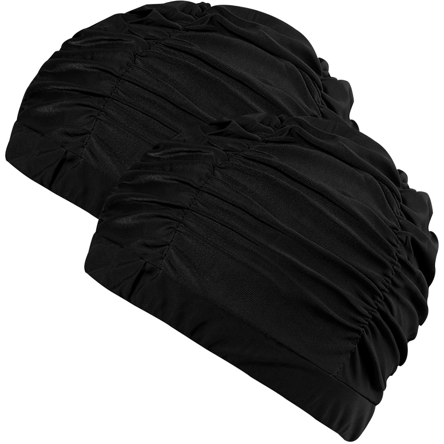 2 PCS Black Pleated Swimming Cap,Nylon Cloth Swimming Cap Extra Large Swim Caps Elastic Comfort Swim Hats for Women Very Long Thick Hair Keep Hairstyle