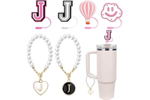 BUVIZAS (4+2) Compatible with Stanley Cup Accessories, 4PCS 0.4" Straw Cover Cap & 2PCS Pearl Letter Charms for Stanley Cups 30&45 Oz, Silicone Straw Topper (Pearl-J)