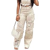 LKOUS Women’s Cargo Baggy Straight Jeans Streetwear Y2K High Waist Wide Leg Denim Pants with Multiple Pockets