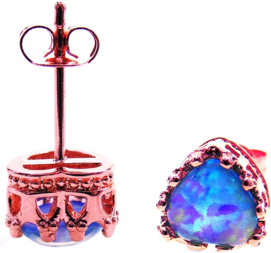 7mm Rose Gold Plated Heart Blue Fire Opal Stone Earring Stud Drop Crystals Stone Gift Box (18ct Rose Gold Heart Blue Opal)