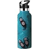 Sea Otter Sport Water Bottle with Straw, Vacuum Insulated Stainless Steel Drinking Travel Mug Cups For Gym Fitness Camping-20oz/600ml
