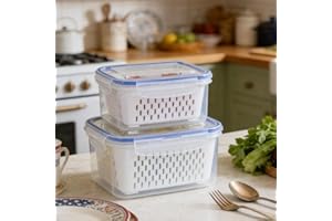 Clear Fruit Bowl with Strainer and Lid - 2-Piece Double Layer Colander Set, 2-in-1 Fruit and Vegetable Wash Bowl, Kitchen Foo